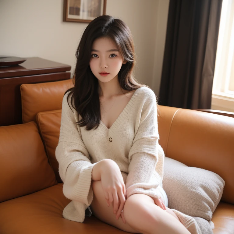 1girl,sitting on a cozy couch,crossing legs,soft light