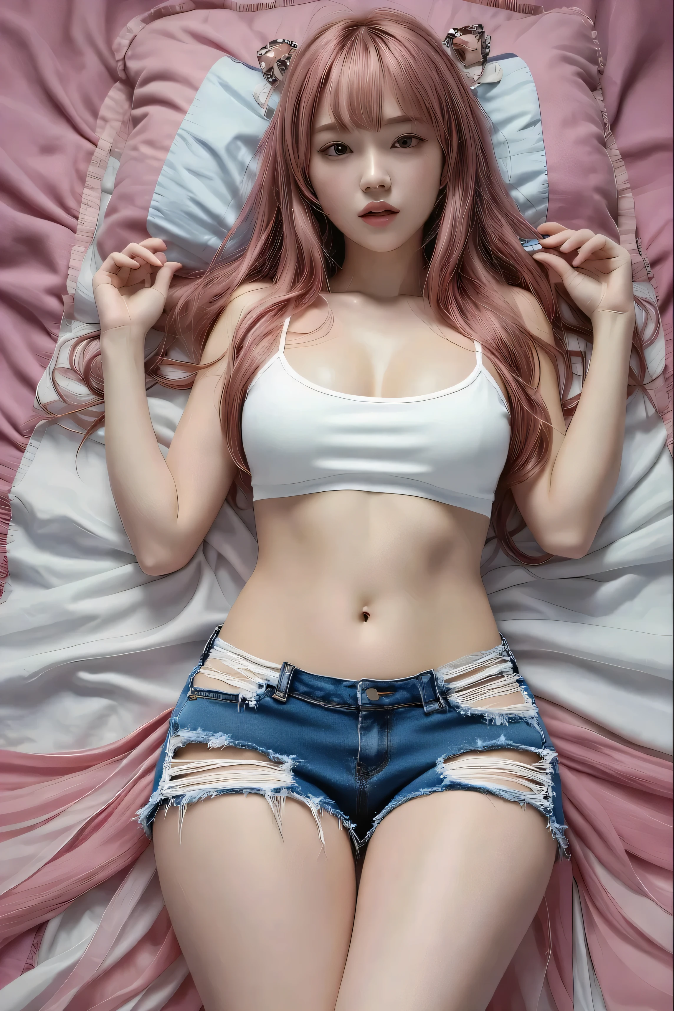 1girl, pretty face, helpless, begging face, pov hands,, hands tied up, in restraints, handcuffed, pulled by another, lifted by another, grabbing, pulling, pull up bra, shorts, white skin, navel tickled with fingers, hands raised, helpless, whole body, navel, in room, bed, raped
