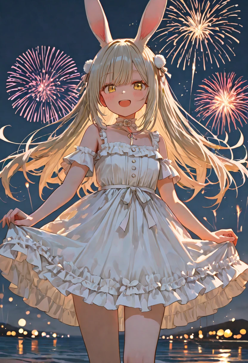 score_9,score_8_up,score_7_up,cowboy shot,((HENTAI Anime)),(details background),1girl,lillie(pokemon),open mouth,look up sky,night,sky,Lots of fireworks,sea