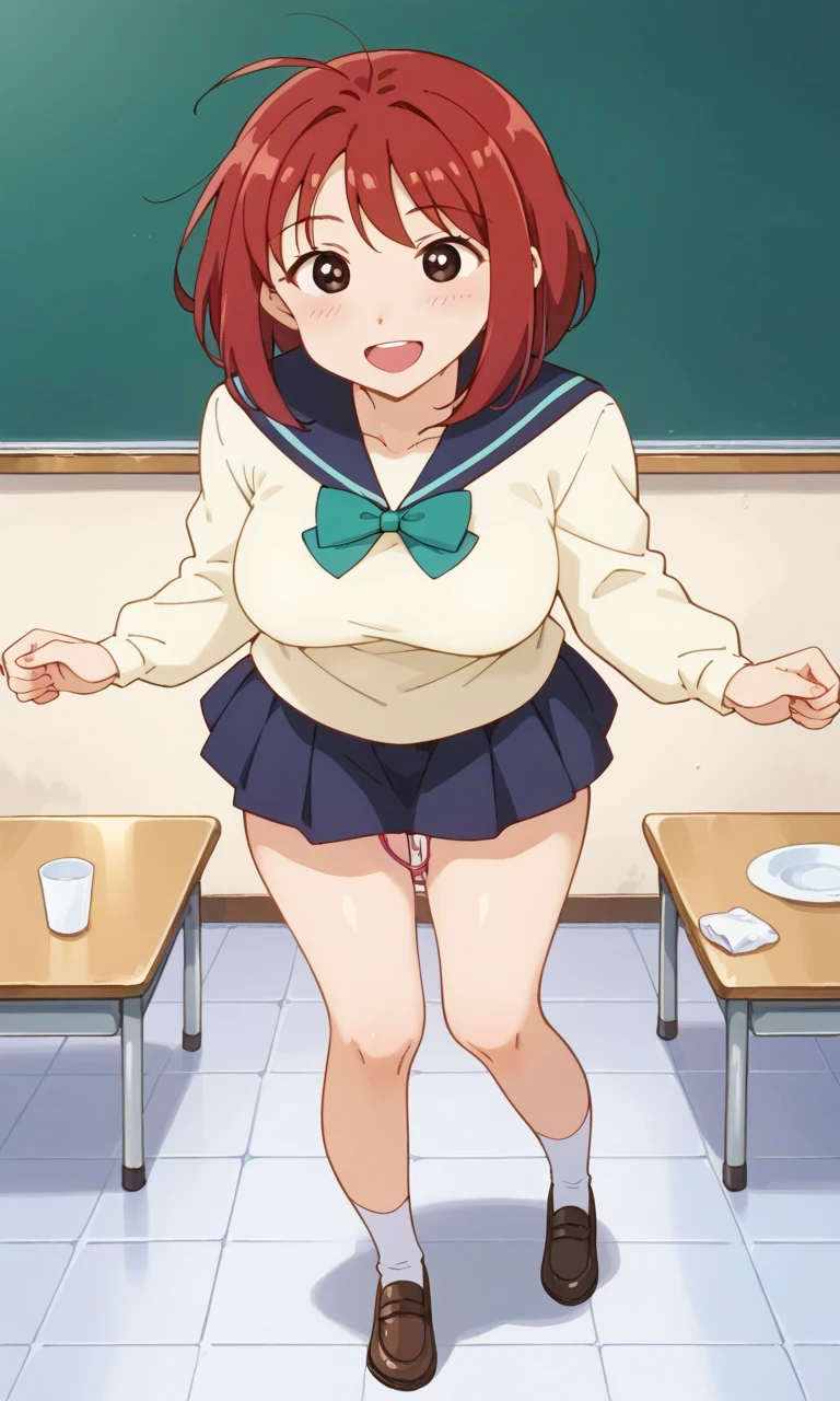 Ayumi Yoshida, elementary student, kawaii, cute, small and short, ((short briaded hair)) angry expression, sitting in a classroom, visible vagina, exhausted. Open shirt, open clothes, visible chest and breast, small breast, visible navel ((spread your legs:1.2)). Evening sun. Pregnant. ((Cum:1.2)).