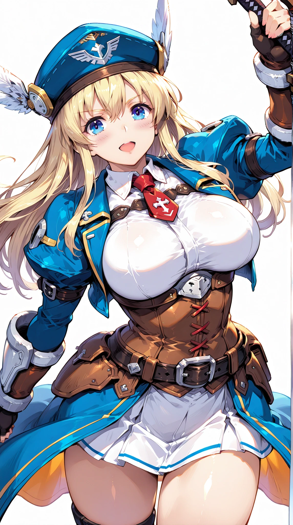 High detailed, 1 girl, light Brown long spiked hair, busty, firm plump body, genetics uniform , Juliet sleeves, pencil BLUE skirt, deep cleavage, Juliet sleeves