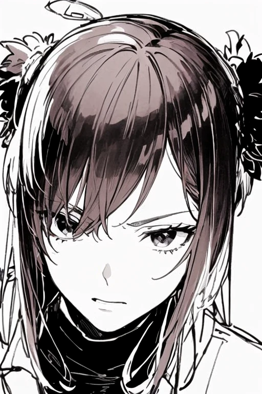 (1woman,20s,mature female),solo,red hair,long hair,cleavage,high ponytail,oni horns,serious,governant outfit,(white background,line drawing),portrait