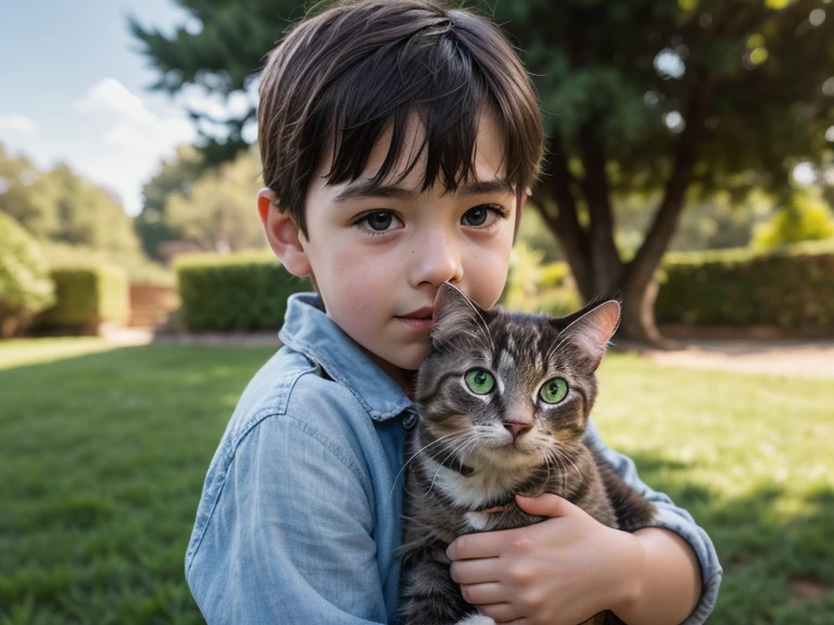 An incredibly charming little boy carrying a backpack wearing black t-shirt, soft smile, accompanied by his adorable kitty, enjoying a lovely spring outing surrounded by beautiful yellow flowers and natural scenery. The illustration is in high definition at 4k resolution, with highly-detailed facial features and cartoon-style visuals