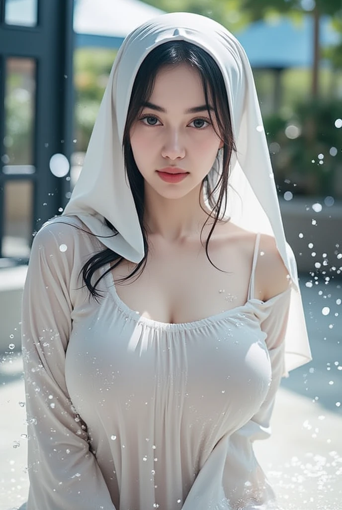 Raw,best quality, masterpiece, Ultra-realistic, ultra-detailed, super detailed skin texture, 8k resolution, awardwinning photo, portrait mode, close up, upper body, realistic photo and texture, offering her sexy body to viewers, hijab, chubby, wearing white strapless bath towel, no pants, korean mommy, big breasts, plump body, dancing at mountain,  hands folding up to back head, standing and sticking body, dancing, hell background, waterfalls, fogging weather 