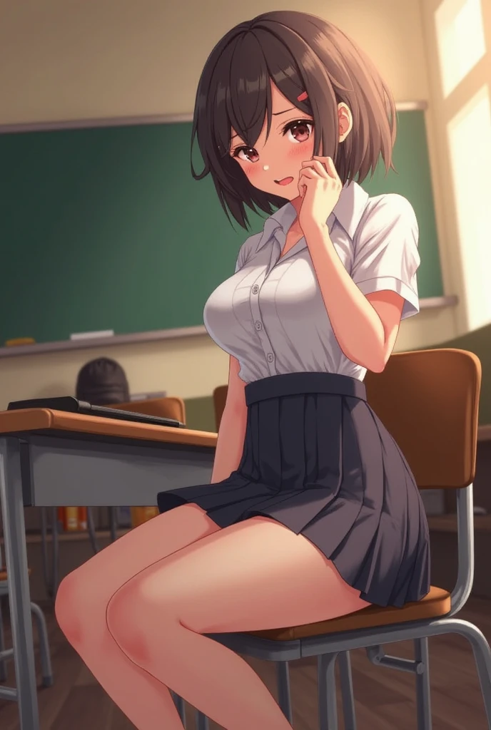 Superior quality, Masterpiece, The image of a girl in a classroom she has a very short skirt her eyes are black and her hair is brown and very short she is looking shyly while blushing black eyes(black eyes) (short brown hair)