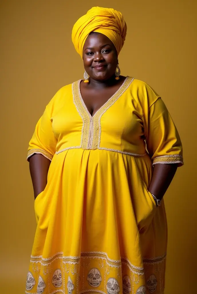 chubby woman, between 39-43 years of age, with African descent, White skin , who wears a yellow turban and a yellow dress, that has skulls and seashells on its feet. That his complexion is a mix between black Africans and white Spanish people.