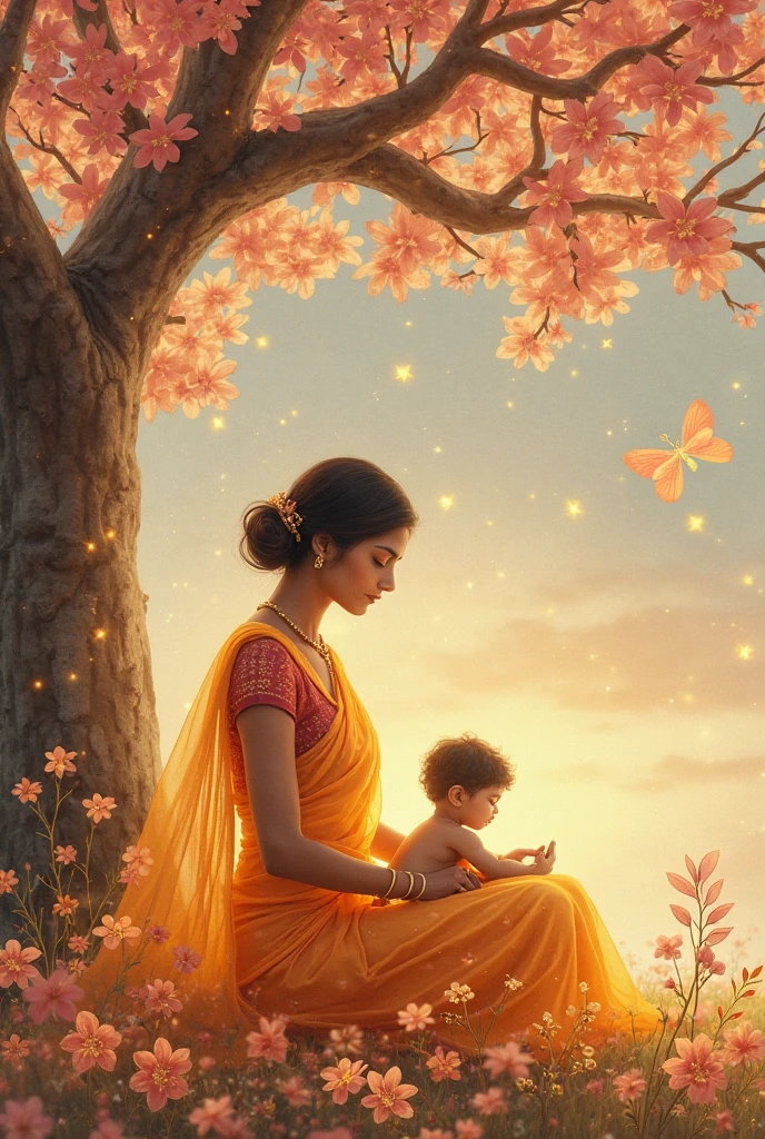 Indian healthy queen with her newborn baby boy in the garden with flowers animals birds and her friends 