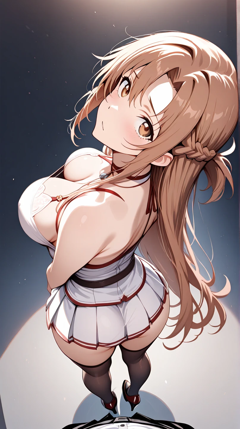 masterpiece, best quality, very aesthetic, absurdres, 1girl, mature_lady,white_clothes,bunny_suit,,asuna_(sao), sword_art_online, brown_eyes, brown_hair, long_hair, very_long_hair, braid, french_braid,,in a palace,blur background,background defocus,