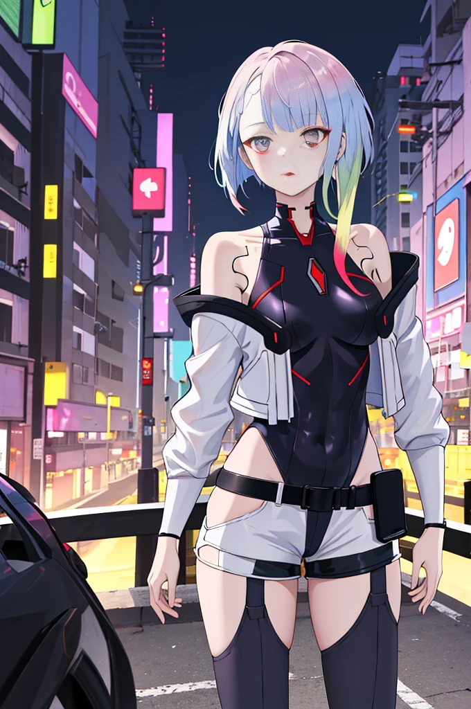 (masterpiece, best quality:1.3), lucy, 1girl, (multicolored hair:1.1), lucy (cyberpunk), cyberpunk,( bare shoulders:0.8), (smile:0.6), motion, pose, (looking at viewer:0.8), female focus, bangs, red lips, messy hair, red eyeliner, elder sister, (profile:0.6), (sitting:0.7), <lora:lucy0ax02:0.75>