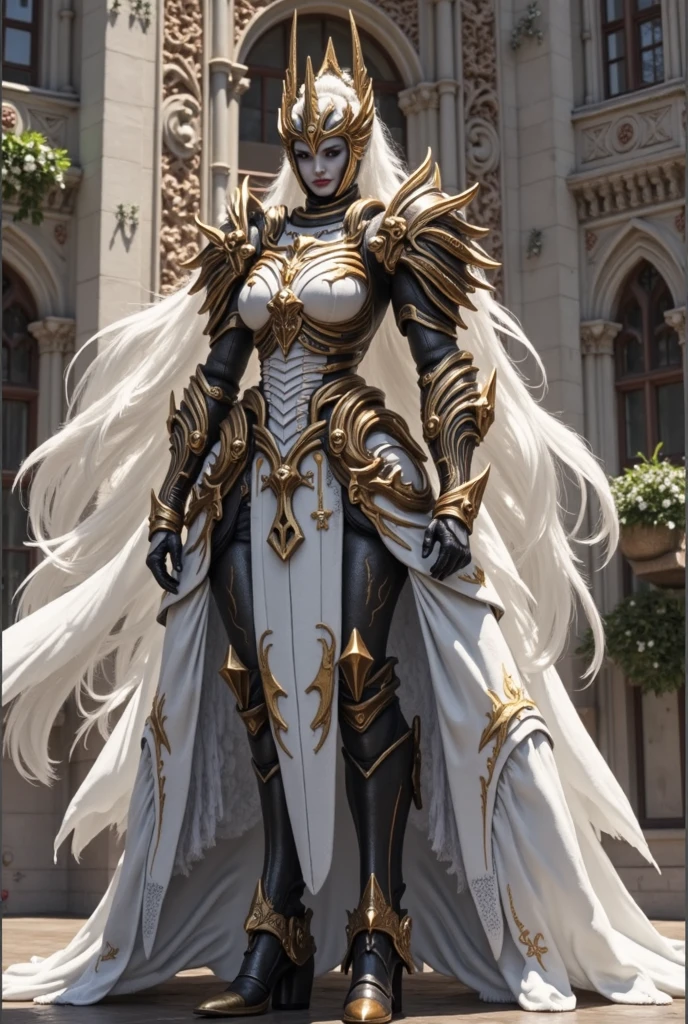 female noble Elf, full body art, silver hair, white skin, saphire eye, knight full plate adorned armor, white cape, perfectly detailed body.