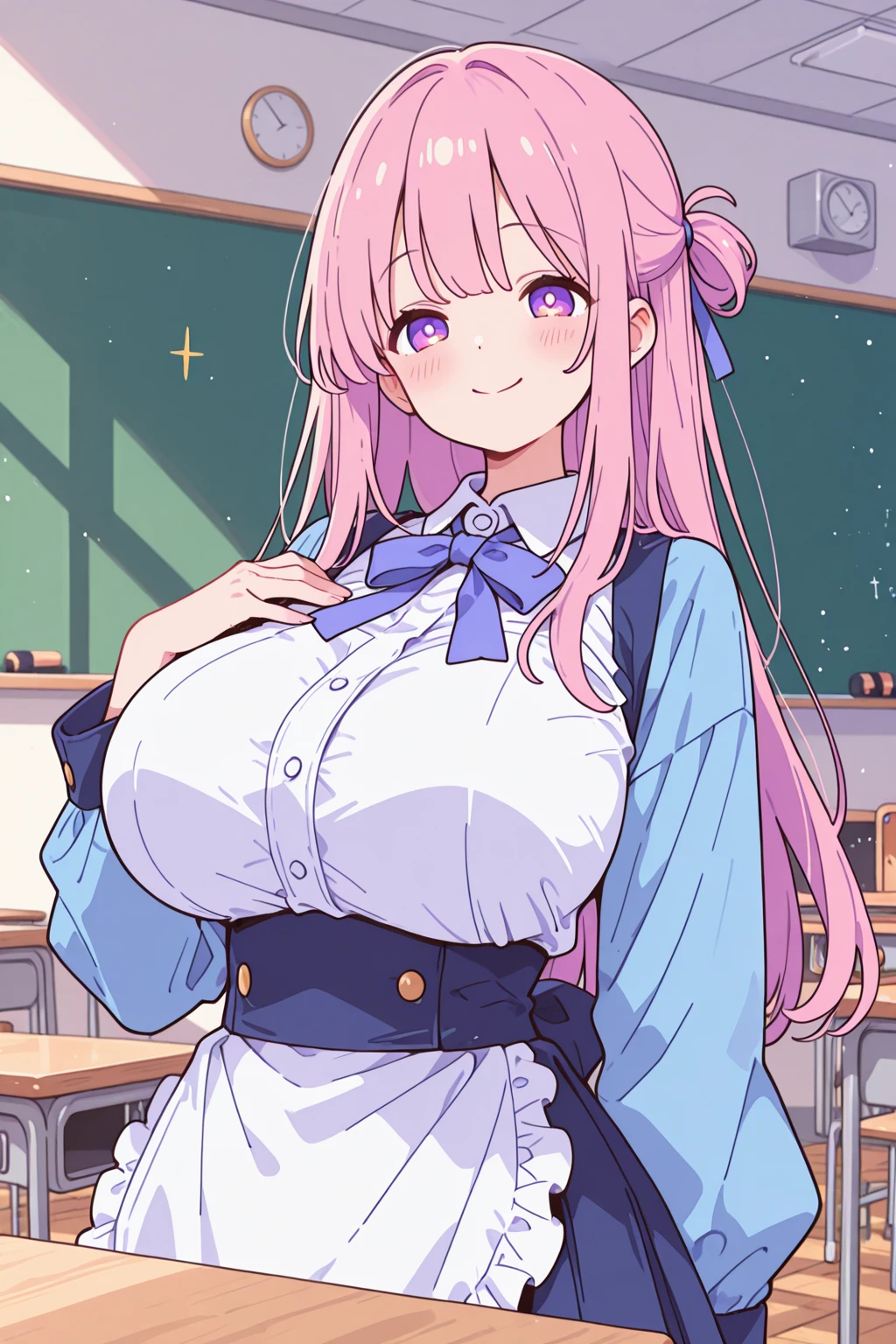 best quality, masterpiece, highres, solo, {javelin_azurlane:1.15}, purple_hair, hair_ornament, ribbon, ponytail, bangs, smile, hair_ribbon, blush, crown, hair_between_eyes, green_eyes, mini_crown, breasts, open_mouth, blue_eyes, 1girl, shirt, :d, cross_hair_ornament, long_hair, looking_at_viewer, bow, school_uniform, sweater_vest, alternate_hairstyle, bowtie, plaid, skirt, purple_bowtie,very gigantic breast
