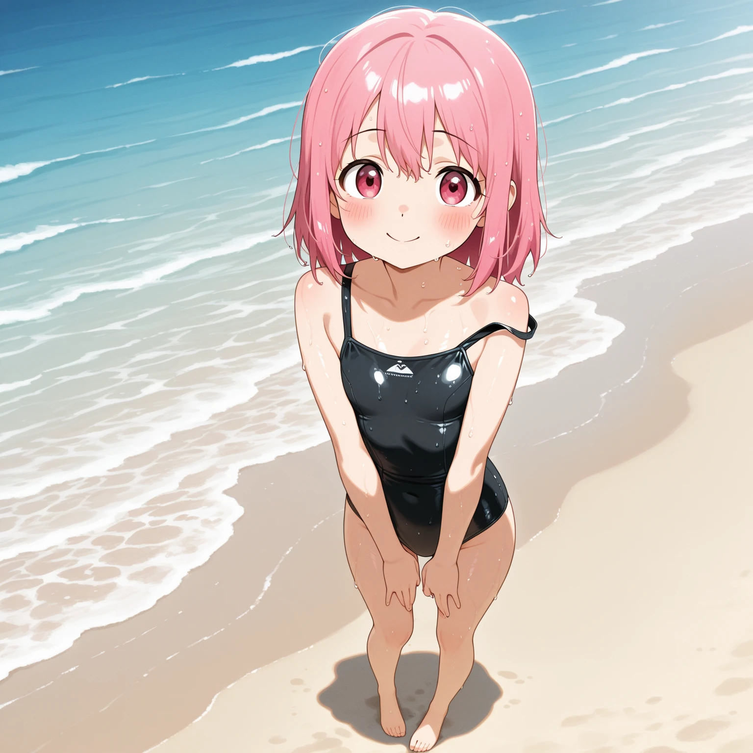 A vibrant, detailed image of Sakura Haruno from the anime Naruto, relaxing on the beach in a white bikini. She is lying down, with her eyes closed, enjoying the hot sun to get a tan. Her body is on display, showing her athletic and feminine shape. The surrounding scenery is a paradisiacal beach, with fine white sand, turquoise sea and some palm trees in the background. The sun shines brightly in the clear sky, creating an interesting contrast with Sakura's tanned skin. The image should convey a feeling of tranquility and natural beauty.