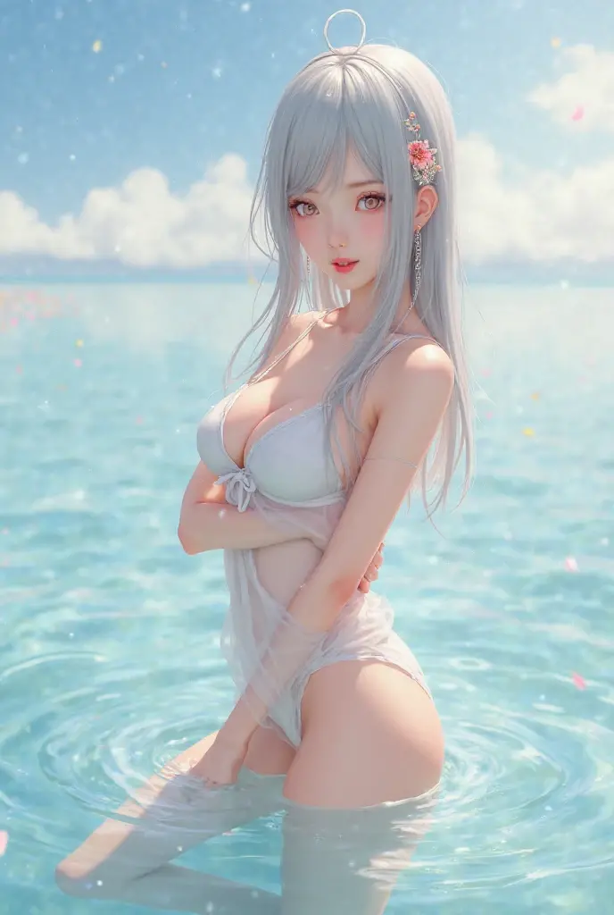 School swim wear、onepiece swimsuit、(School swimsuit covered in transparent milk)、breasts are large、Anime Big、((Being on all fours))、voluminous twintails、(((Heart mark to hide areola))、Torn clothing、A slight smil、Wet、Water dripping from the body、Shiny skin、shiny udder、a beauty girl、Lori:1.9、kawaii、(((White liquid smeared)))、Slimy skin