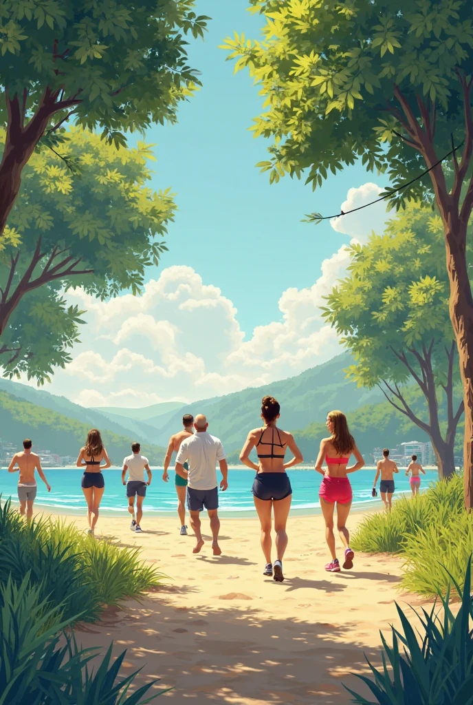 People of different ages doing various physical activities, how to run, swim, and practice yoga, in a natural environment