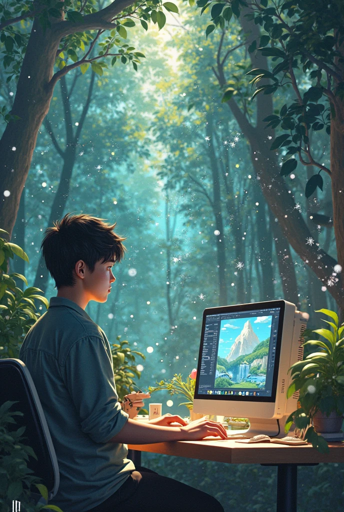 A boy on a computer playing an outdoor adventure game and in front of him a window where he can see the outdoors