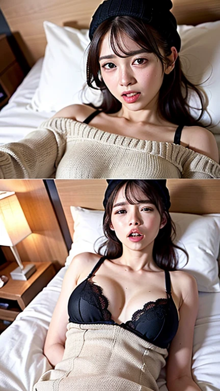 ((Highest quality、Tabletop、8k、Best image quality、Very complex and detailed))、One beautiful woman、(The most exclusive and intricately decorated lingerie:1.5)、(Lie on your back in bed:1.4)、(Photograph the upper body from directly above:1.5)、(Perfect Anatomy:1.3)、Perfect Face、Look at me perfectly、(超微細な本物のSweatで光る肌:1.2)、Sweat、(The most moody and romantic warm lighting:1.2)、Ultra High Resolution Glossy Lips、超高精細のPerfect Face、Super high quality hair、Ultra HD Shining Eyes、Ultra-high resolution for perfect teeth、Ultra HD glossy skin、(Poses during sex:1.5)、(Facial expressions during sex:1.3)、Cleavage
