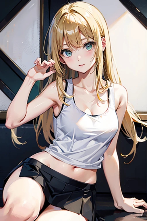 最high quality、best image quality、masterpiece、teenage girl((20-year-old、 By becoming、vest bust、medium bust,wide open breast tea、black eye, blonde hair、long hair、thin,highest valley、blue sports bra、Blue sports pants、Do push-ups、sweating、scattering of sweat)),high quality、beautiful art、background((black room))debris flies、Depth of written boundary、movie、visual art、perfect art、8k,genuine