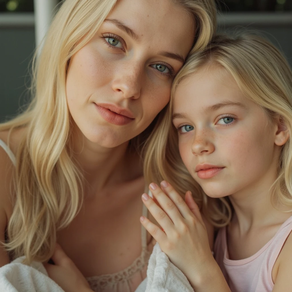 de 5 ans blonde avec sa mère qui sourit derrière. La mère est méchante et fait peur.Elle lui tient les épaules