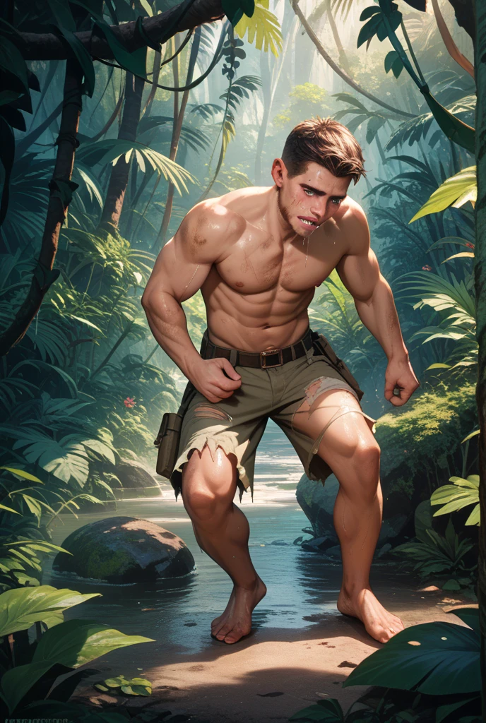 handsome teenage caveboy, very short hair, jockstrap loincloth, deep pine forest