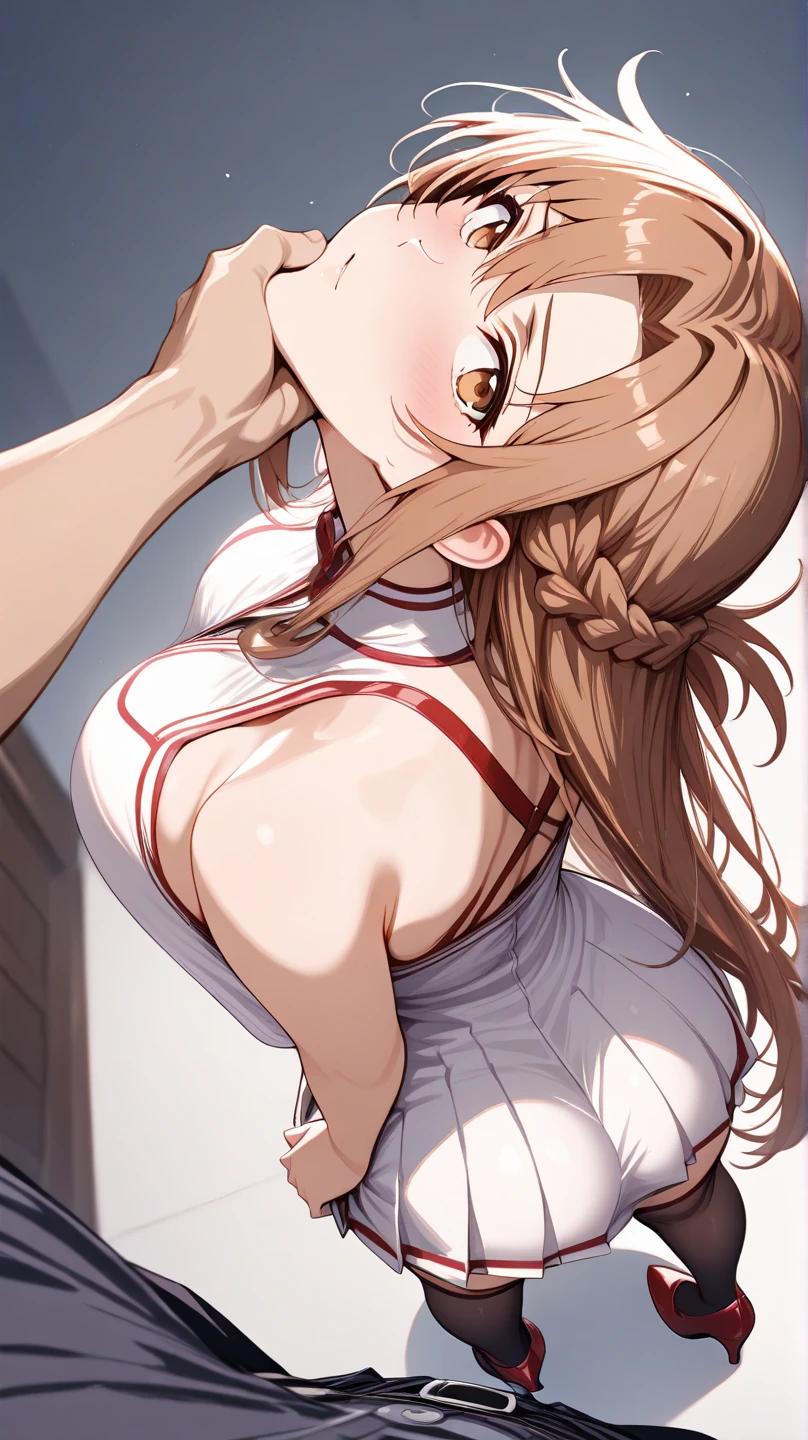 black yoga pants legging closeup ,Yuuki Asuna, Brown hair, Brown eyes, medium breasts, Long hair, braid big ass hand on ass, well drawn hands almost sat on me face  spread open 