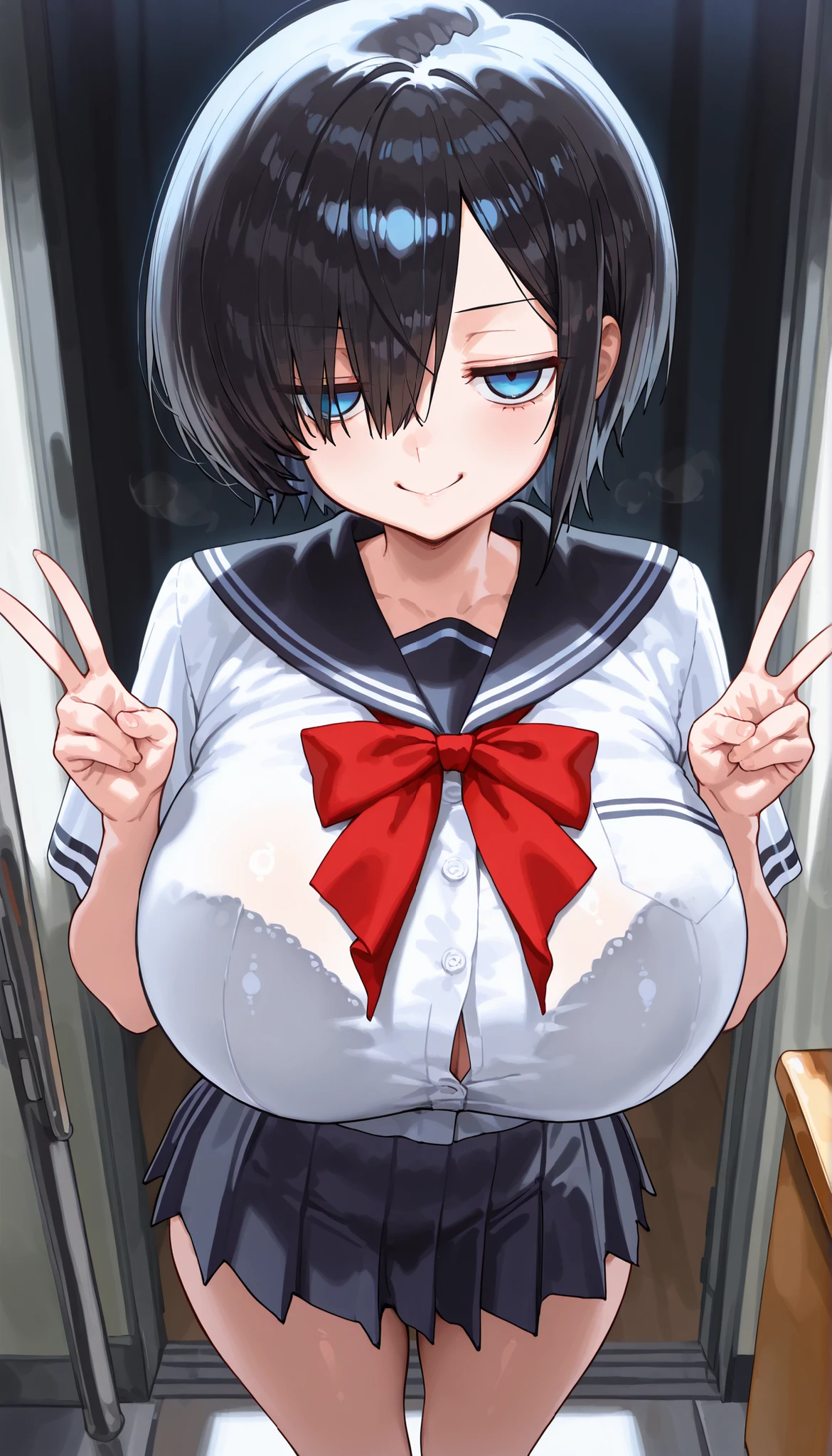 8k , masterpiece , best quality , amazing quality , very aesthetic , absurdres , (ultra-detailed) , (high detailed skin),((one girl)),(jitome)、blue eyes,black hairs,twotone hair,large Breasts、short hair,hair over one eye,Obscene atmosphere、anime style,short skirt school uniform,big smile,peace sign with fingers