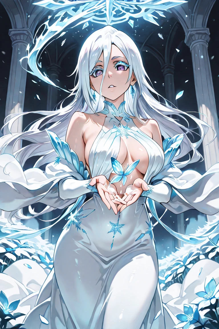 (Master piece), (Best Quality), (Cinematic), 8K, (Art Station), (A woman with long white hair and silver eyes), (Beautiful delicate face), Frozen trees, landscape crystal, lighting, (ethereal atmosphere:1.1), fantasy, short story, soft lighting, (cinematic shot:1.2), art station, luminous white background, soft glow, (creative Dynamic Angle: 1.3), Crystal Toning, (Heavenly Paradise), White Lighting,Masterpiece, Very detailed, Super detailed, Solo, (Pale skin), Silver eyes, White hair, (Snowy background), (Snowflake Rosen flower: 1.0), (Shining crystals), (Snow covered) ground), (white eyelashes), sexy woman, dream-like details, gorgeous setting, mysterious atmosphere Mastepiece, the most beautiful scene, majestic, (((full of white flowers: 1.0))), quiet and calm Atmosphere, charming, all white tones, inside the crystal library, transparent flowers and snow falling, lots of white roses planted, (flowing water, waterfall, water bloom),The decoration is also careful, dreamy, (very detailed, creative design, crisp and precise lines, K HD, top quality, masterpiece, super high resolution), various poses, ((beautiful white flower hair ornament) ), beautiful hairstyle, (best quality, 4K, 8K, high resolution, master piece: 1.2), super detailed, detailed expression, graceful posture, expressive brushstrokes, mysterious atmosphere, artistic interpretation, delicate Floral jewelry, ((((Detailed design, beautiful transparent dress made of thin fabric, thin mini-length dress that shows the skin))), (Extraordinary breasts, best body proportions, large breast proportions: 1.5), Expressive,Chignon