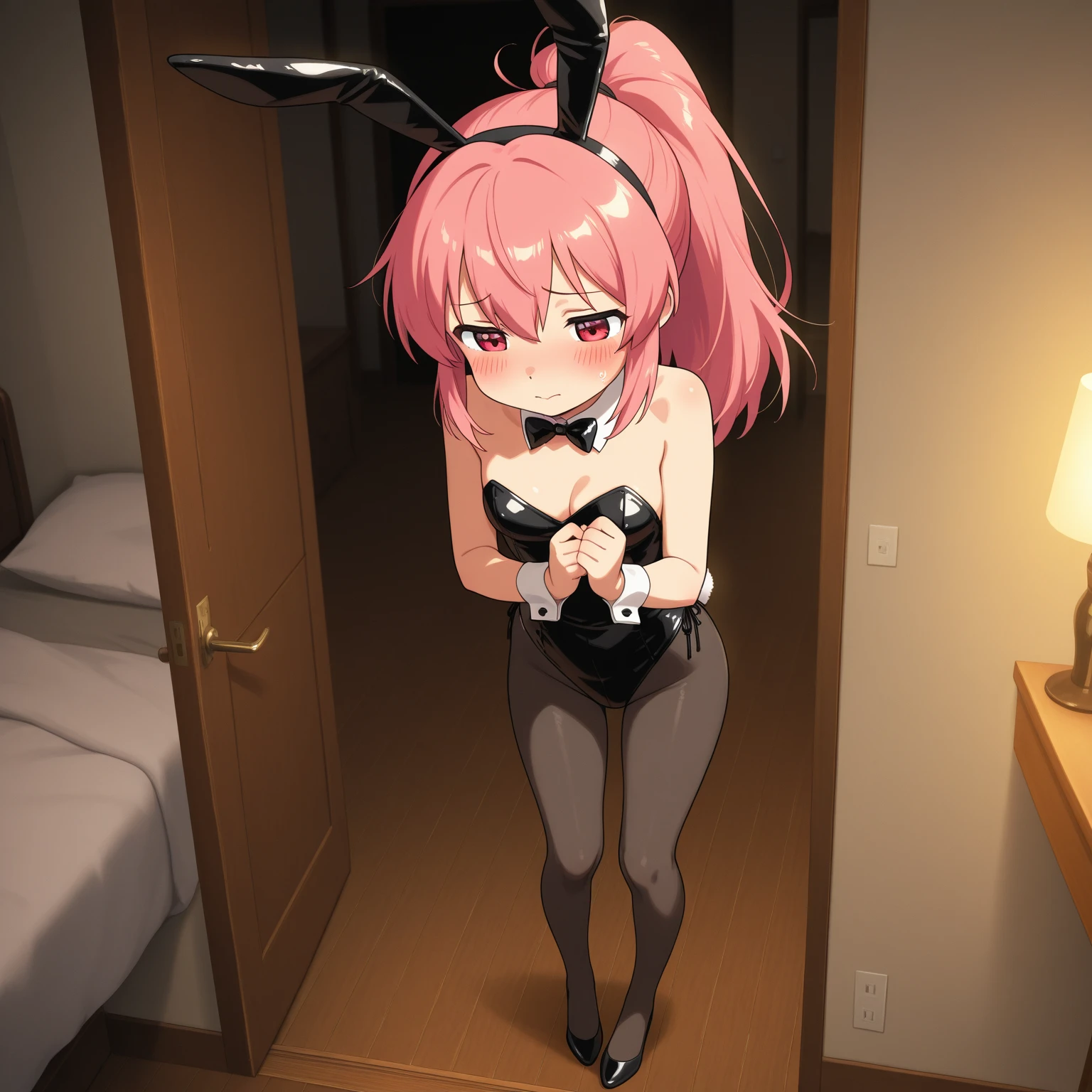 1 girl, solo, kirisu mafuyu, best quality, high resolution, long hair, pink hair, blue eyes, hair between eyes, braid, big breasts, bare shoulders, red playboy bunny, red headband, bunny ears, black pantyhose, embarrassed , smiling, mouth closed, hand on hip, inside casino, cowboy photo, big breasts, medium hips, wide thighs, perfect hands, perfect ???????