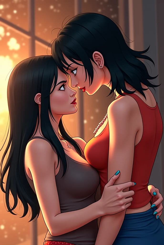 (((masterpiece))), (((best quality))), ((ultra-detailed)), (highly detailed CG illustration), (nsfw:1.2), (masterpiece:1.5), Detailed Photo, Sexy, (Best Quality: 1.4), (1girl), Beautiful Face, (Black Hair, long Hair: 1.3), Beautiful Hairstyle, beautiful detail blue eyes, (realistic skin), beautiful skin, absurd, attractive, ultra high resolution, high definition, (sexually aroused:1.5), Pinkish white skin, cool white light, sexy pose, biting her lower lip, Beautiful , living room, pink soft white light, black tank top and white skirt, She has a man behind her, pressing his body against her back while he kisses her from behind.