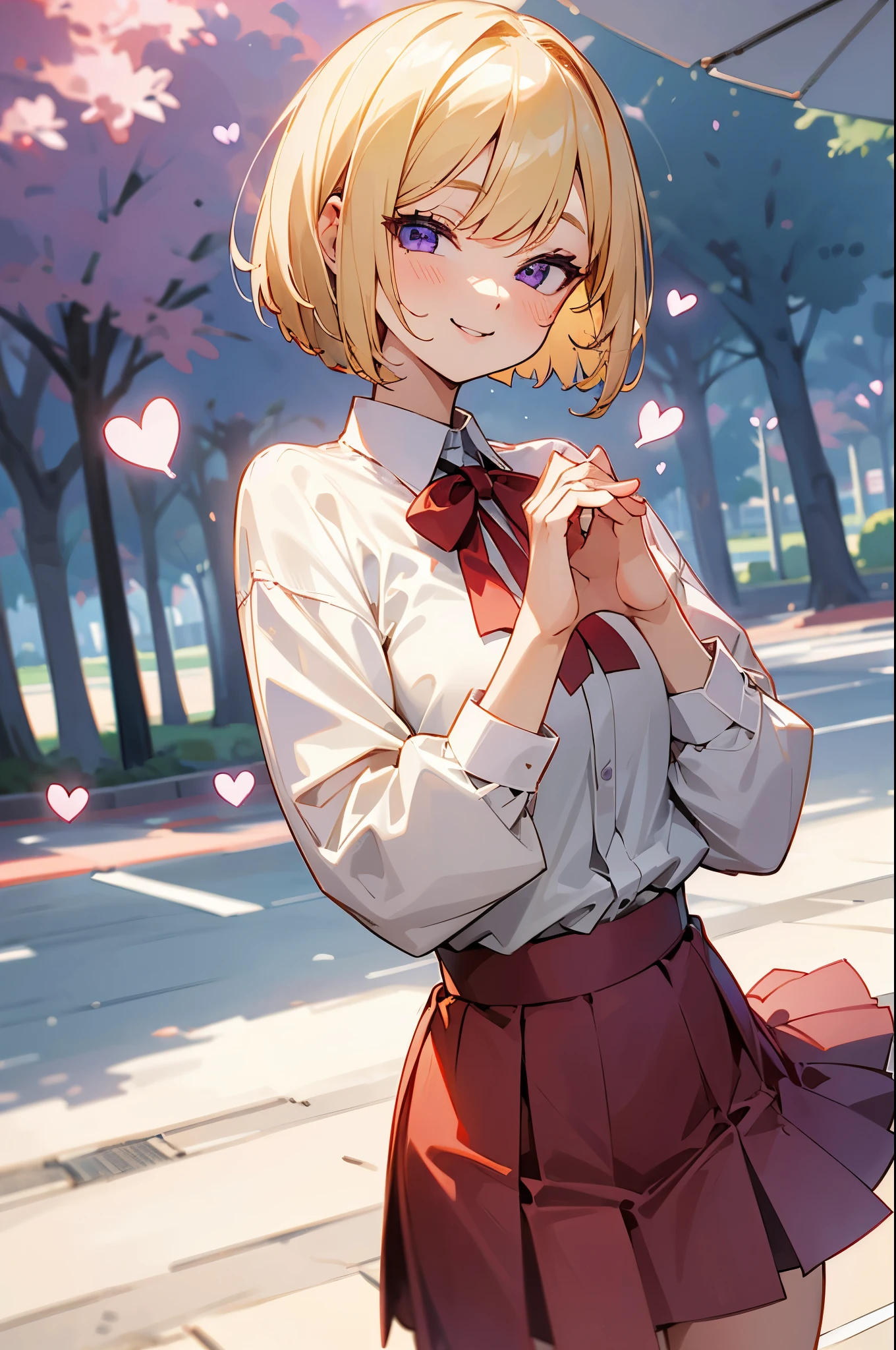 one woman、(blonde)、short hair、bob cut、beautiful purple eyes、Make a heart symbol with both hands、WHITE SHIRT、red skirt、Cheeky Smile、daytime park background