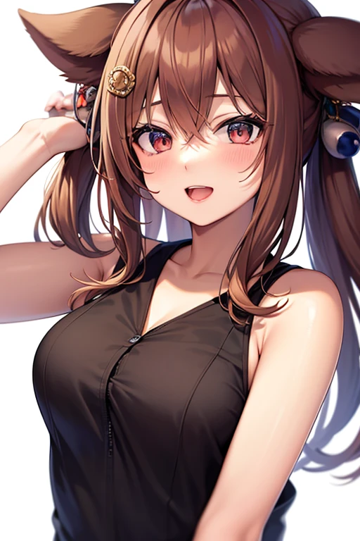 1 girl, High resolution, looking at the viewer, The best quality, masterpiece, Alone, Yuri Sakazaki, anime girl, heaDphones, big breasts, red headband, braided ponytail, cabello castaño, ojos castaños