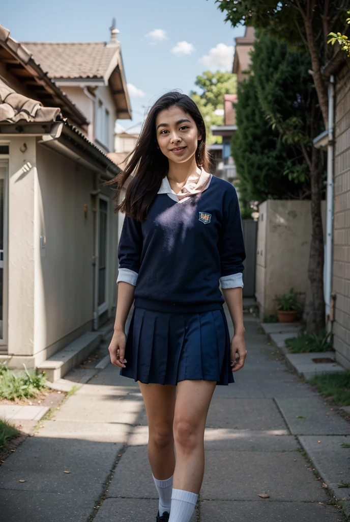12 year old Asian girl in sailor uniform with short skirt, short socks and black shoes on a yacht