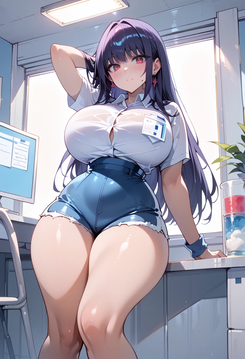 sexy, plump, anime girl with large breasts resting on gamer desk, computer, tight, gamer chair