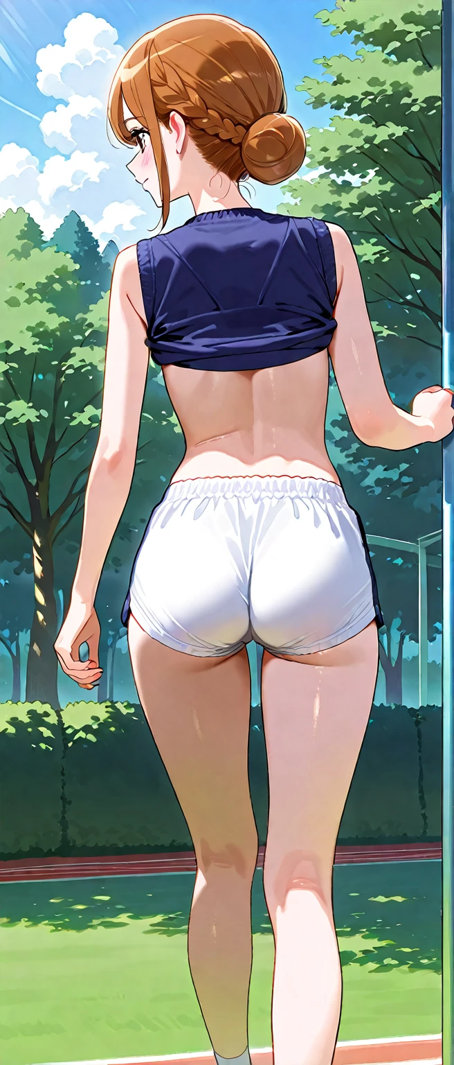 (((masterpiece:1.5),(Highest quality:1.5),(Very detailed:1.5),(High resolution:1.5),(Realistic:1.5),(Realistic:1.5),(Delicate depiction),(Careful depiction))),8k,wallpaper,BREAK(1 female),(Young Japanese Woman),(Are standing),(From before),(back view, standing:1.4),(Short Bob),(The upper half of the body is wearing a pure white gym uniform.),(Dark blue bloomer:1.6),BREAK(Detailed clothing texture:1.3),(Thick thighs),(Beautiful Face,Detailed face,,Beautiful Eyes,Beautiful Eyes,Beautiful Skin,Skin Texture:1.3),BREAK(Beautiful Hands:1.4),(Detailed hands:1.4),(((jp_buruma))),(Cowboy Shot),(front:1.6),(The background is the schoolyard:1.6),(Physical education class),((Blurred Background:1.6)),(((Hand,detailed,perfect,perfection,hands)))