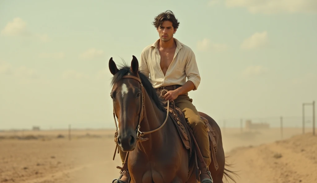 A young handsome skinny man with no shirt standing in the desert with many horses running behind him 