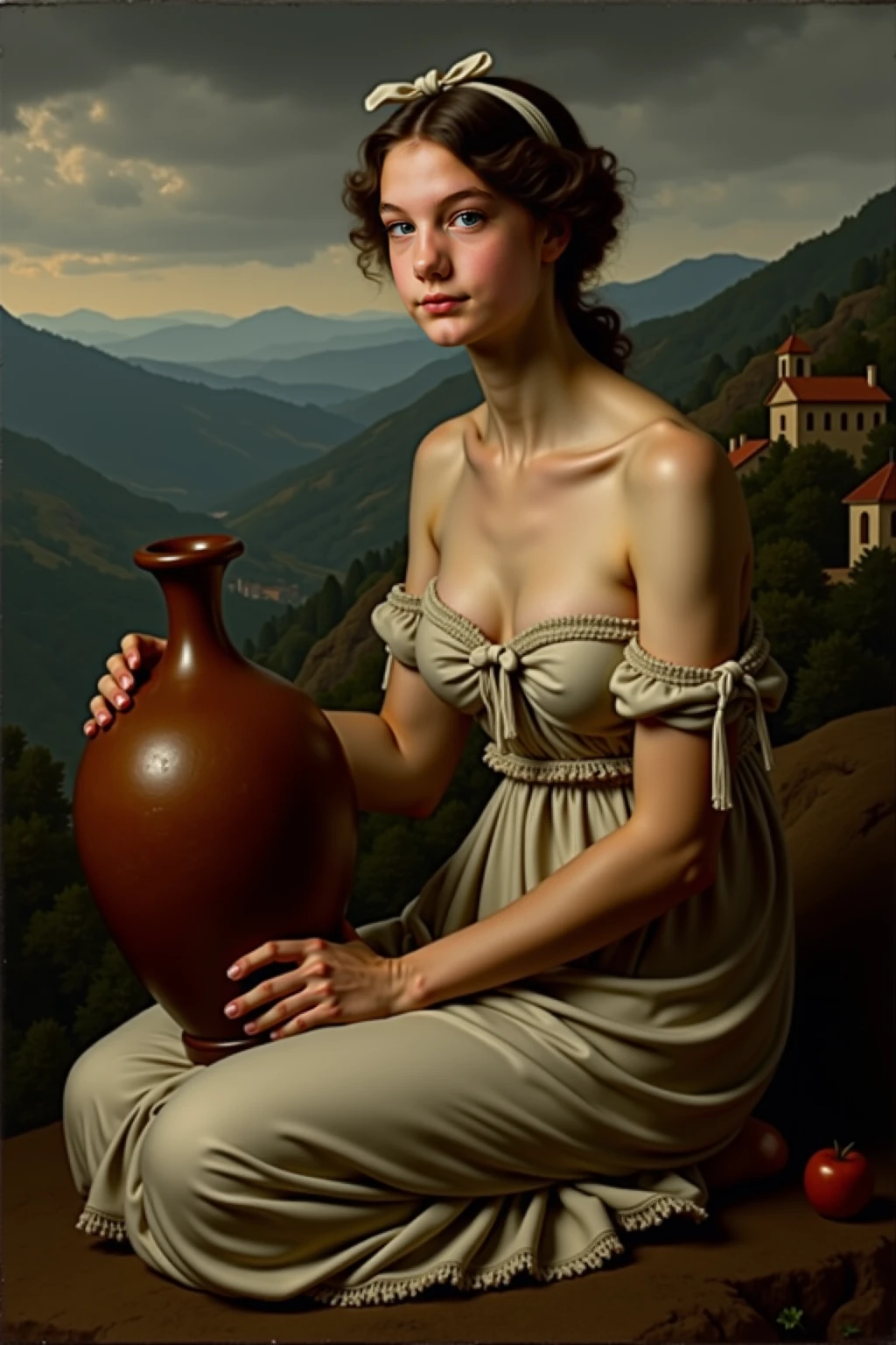 A oil painting,  slender girl, big breasts, naked, a vineyard in the background, touching th grapes