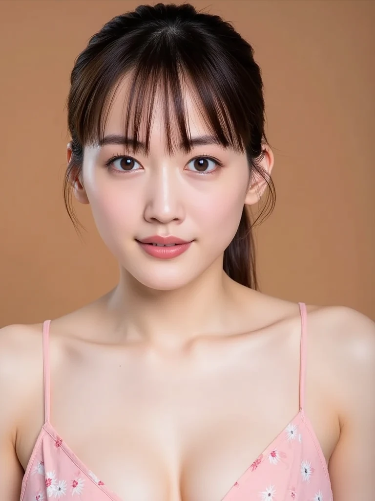a Close-up portrait of gorgeous smiling cute Japanese woman in a glamorous Fishnet dress outfit, delicate facial features, porcelain-skinned, ponytail, a fusion of young Marion Cotillard's striking eyes and young Anne Hathaway's introspective gaze, long and slender cute face, curved eyebrows, droopy hooded eyes, lower nasal bridge, slim wavy nose, smiling, thin lips, short pixie cut hair, silhouette, bokeh, outstretched right hand to pointing at the viewer, skylight atrium pool background, depth of field, photo, film,