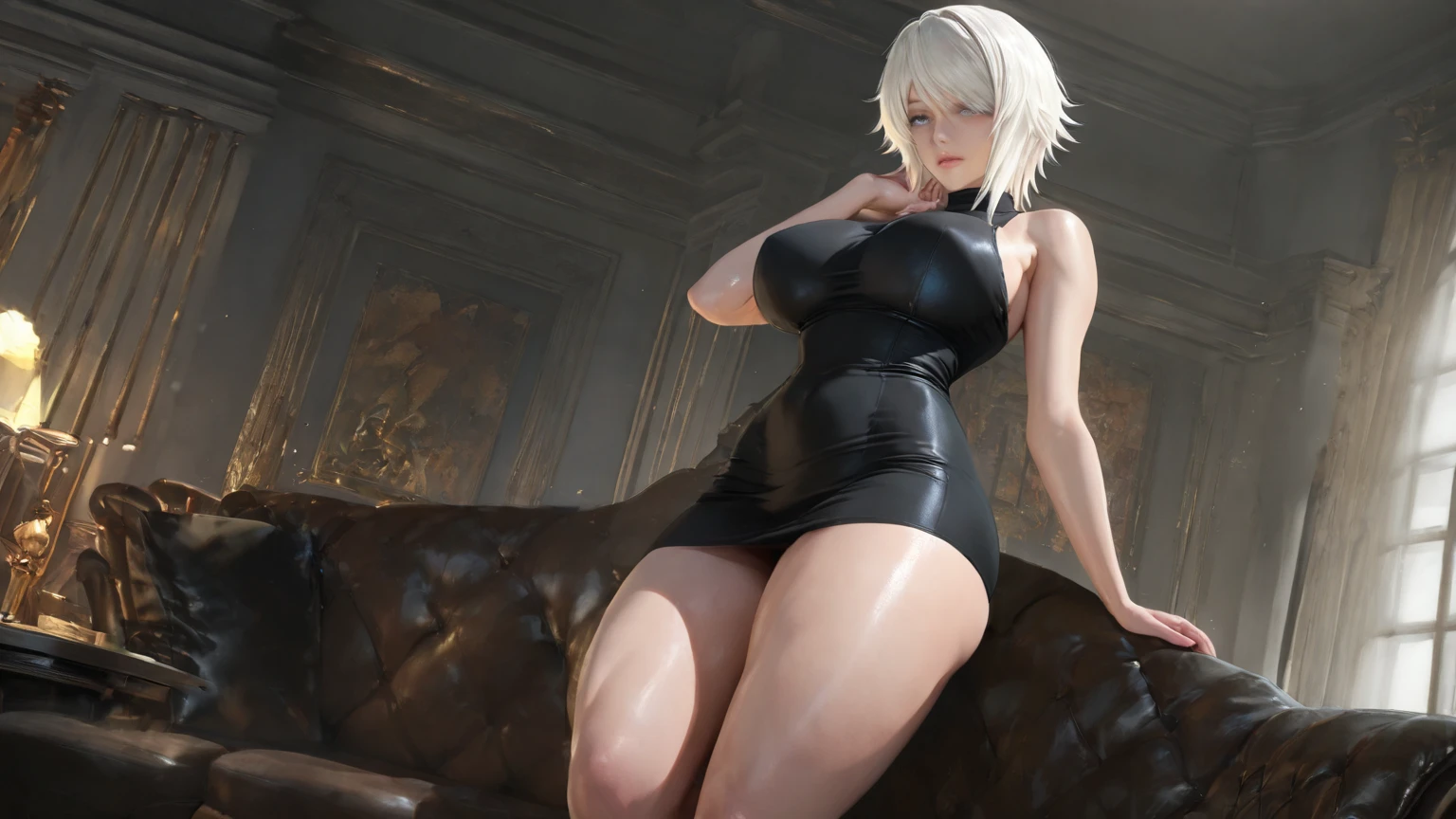 ((2B)),((Elf)),((masterpiece)), ((best quality)), perfect, solo, huge breast, deep cleavage, lying down, ultra HD, realistic Adult woman, woman (30 years old), short silver hair, red maroon eyes contact, wearing Black dress, realistic, beauty of goddess, gigantic breast, stare eyes, no expression, bold make-up, red background, realistic woman , blue eye ,Big butt 
