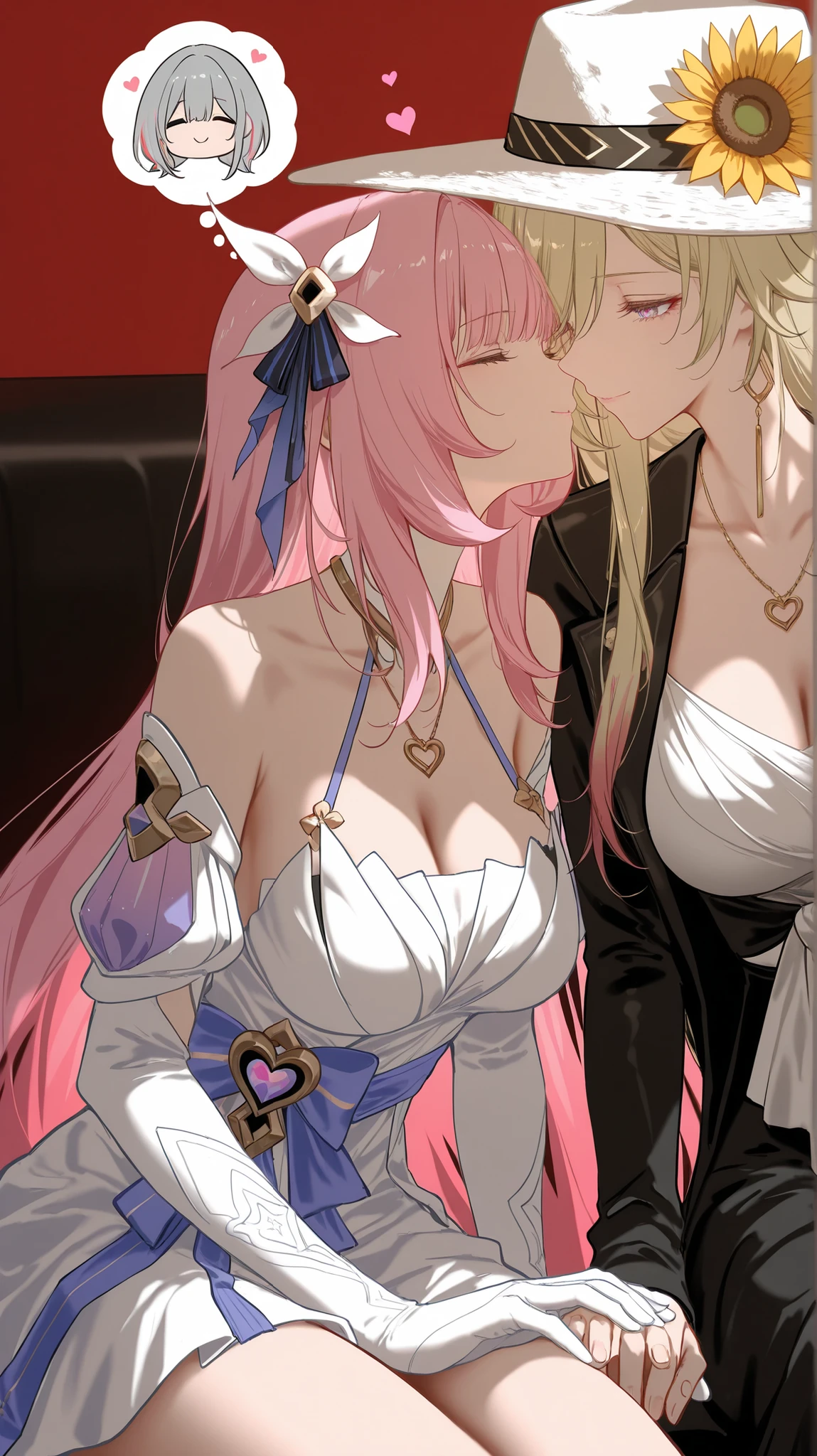 Best quality, highest resolution. Close-up shot, low angle shot. A person sitting on a couch, with crossed legs. Window behind, dim lighting, pink lighting, ultra detailed, night sky, beautiful night. Queen Medb, Medb_officer, open mouth, fangs, gorgeous red lingerie, ultra detailed lingerie, ultra detailed, black stockings with garter belt, white high-boots, tongue out, looking at viewer