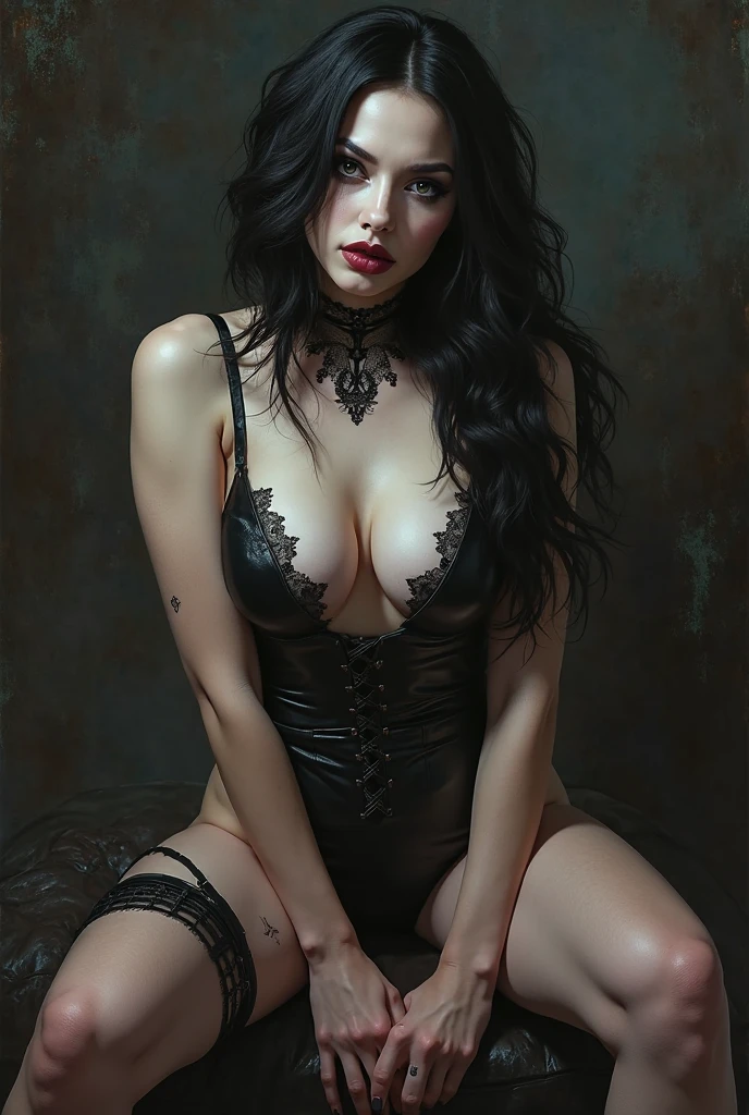 (((best qualityer))),highy detailed, High resolution Nicole kidman Androgen traits, eyes large, voluptuous, mysticism, close-fitting clothes Moody black and white photography, ((best quality)), ((masterpiece)), (detailed), 1girl, Caucasian (dark messy wet flowing hair:1.3), skinny cute, ponytail hairstyle, age 22:1.3, (smudged eye makeup:1.4), big lips:1.3, ( short height skinny cute:1.4), seductive pose, realistic photo, ((4K)) , sweaty textured skin, (dirty:1.2), a seductive vampire laying on a bed of black roses in an erotic pose, with one hand running through her long dark messy wet hair and the other caressing her thigh the moonlight from the window creates stipulated light through the window across her pale skin. The vampire is wearing a sexy, erotic see-through stockings with suspenders. Her lower part of the body is seductively facing the camera. Her skin is unnaturally pale, contrasting with blood-red lips and elongated fangs barely visible as she seductively smirks at the viewer. She has beautiful eyes with long flowing messy wet hair that has streaks of moonlight. The background transforms into a misty, gothic stone bedroom. Candle lamps cast a flickering, ominous light into the room. This reimagined composition maintains the seductive, erotic, alluring pose of the subject but infuses the scene with elements of gothic horror and vampire lore, transforming a classic vintage urban setting into a timeless realm of dark fantasy. Camera used nikon f2, lens used