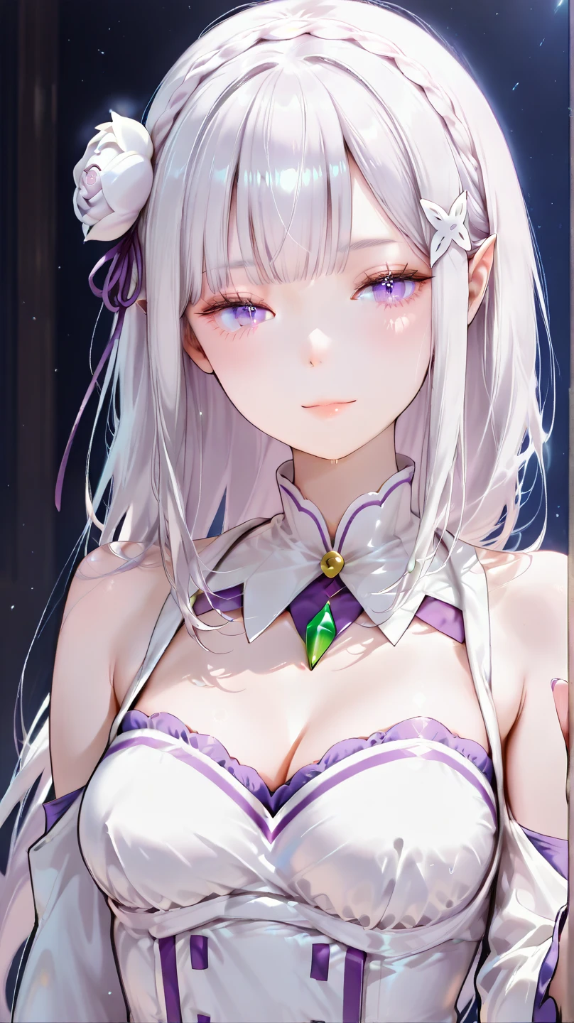 Official fine art,masterpiece,sharp focus,(Beautiful gorgeous lovely Korean women:1.3),(Beautiful and cute Koreans:1.3),Korean beauty,exquisite beautiful hair、eyes and face,realistically,super detailed,a beautiful girl,Glowing white particles,(side light:1.2),Sunlight,Detailed cloud,thin and long,cute big ass,Toothy smile,((smile and open your eyes)),landscape,long, straight hair, sexy facial expression,, dynamic hair, long, straight hair, Delicate brunette hair, luminescent purple eyes, (white swimsuits), Black, pale skin, hair accessories, 史诗般的landscape,sexy pose