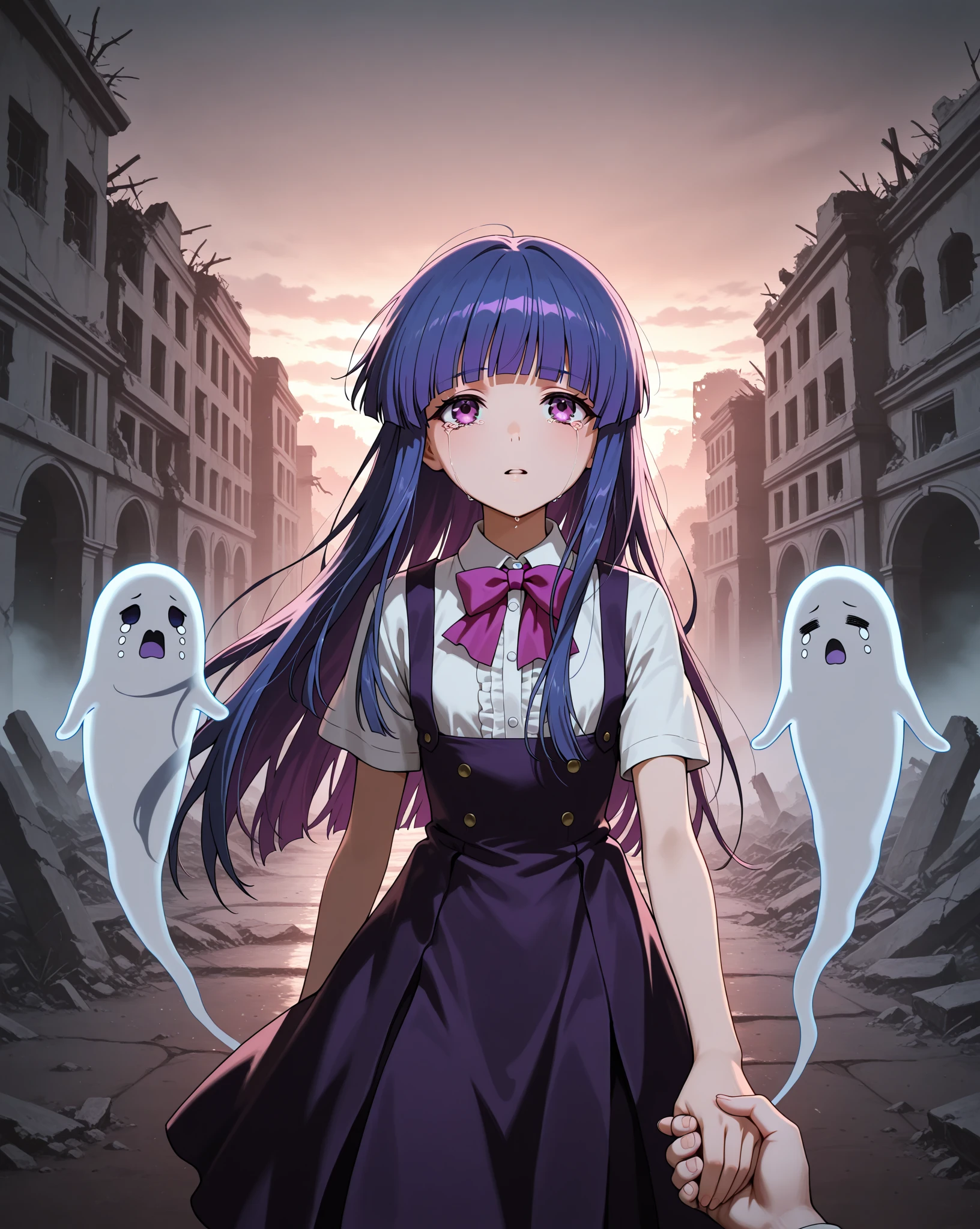 (masterpiece),best quality, <lora:Bernkastel:0.85>, frederica bernkastel, purple hair, dress, bowtie, castle, outside, persistent stare, mountains, looking at the viewer,night, red sky, blood moon, <lora:yandere_trance:0.8>, yandere trance, yandere, hands on own face,hands on own cheeks, blank eyes, blush, large smile, yandere smile, (blood:1.2), <lora:constricted_pupils_v0.2a:0.8>, constricted pupils