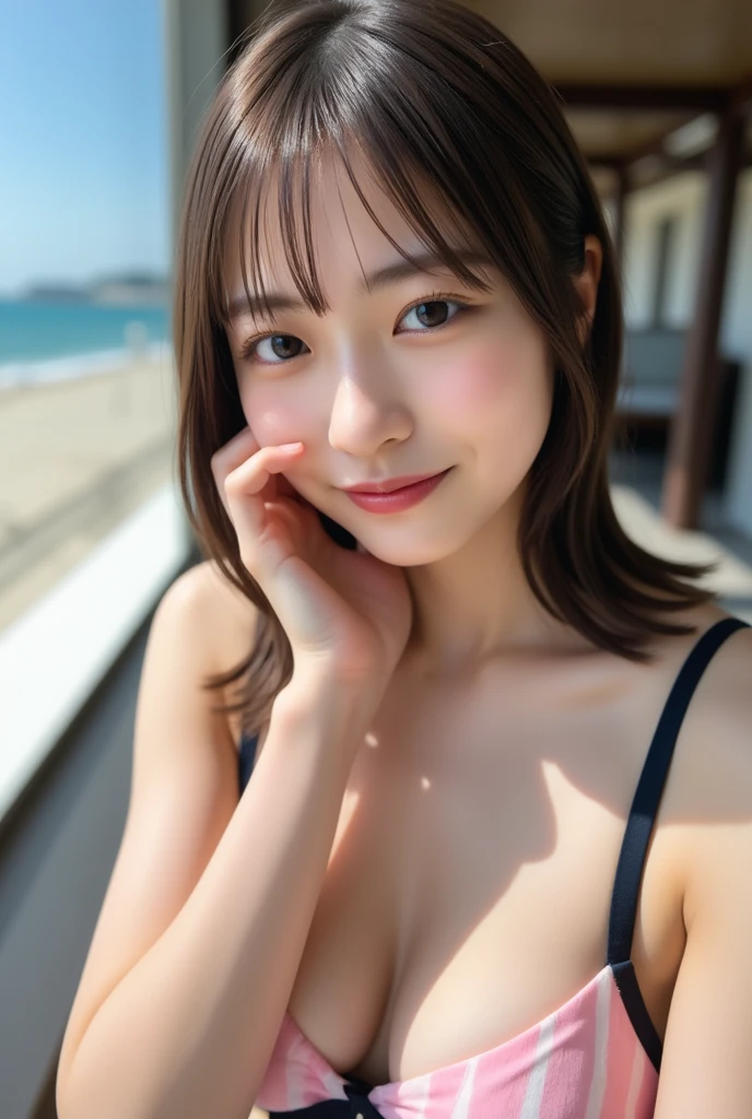 Highest quality, (beautiful)、Micro Bikini、Close-up、Larger breasts、Brown Hair、looking at the camera、Selfie、Beach、Untying a bikini