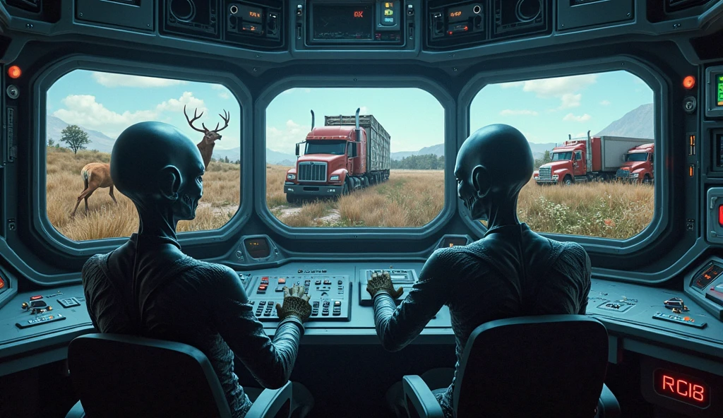 Two aliens having sex, next to a volvo truck, around planets and the moon