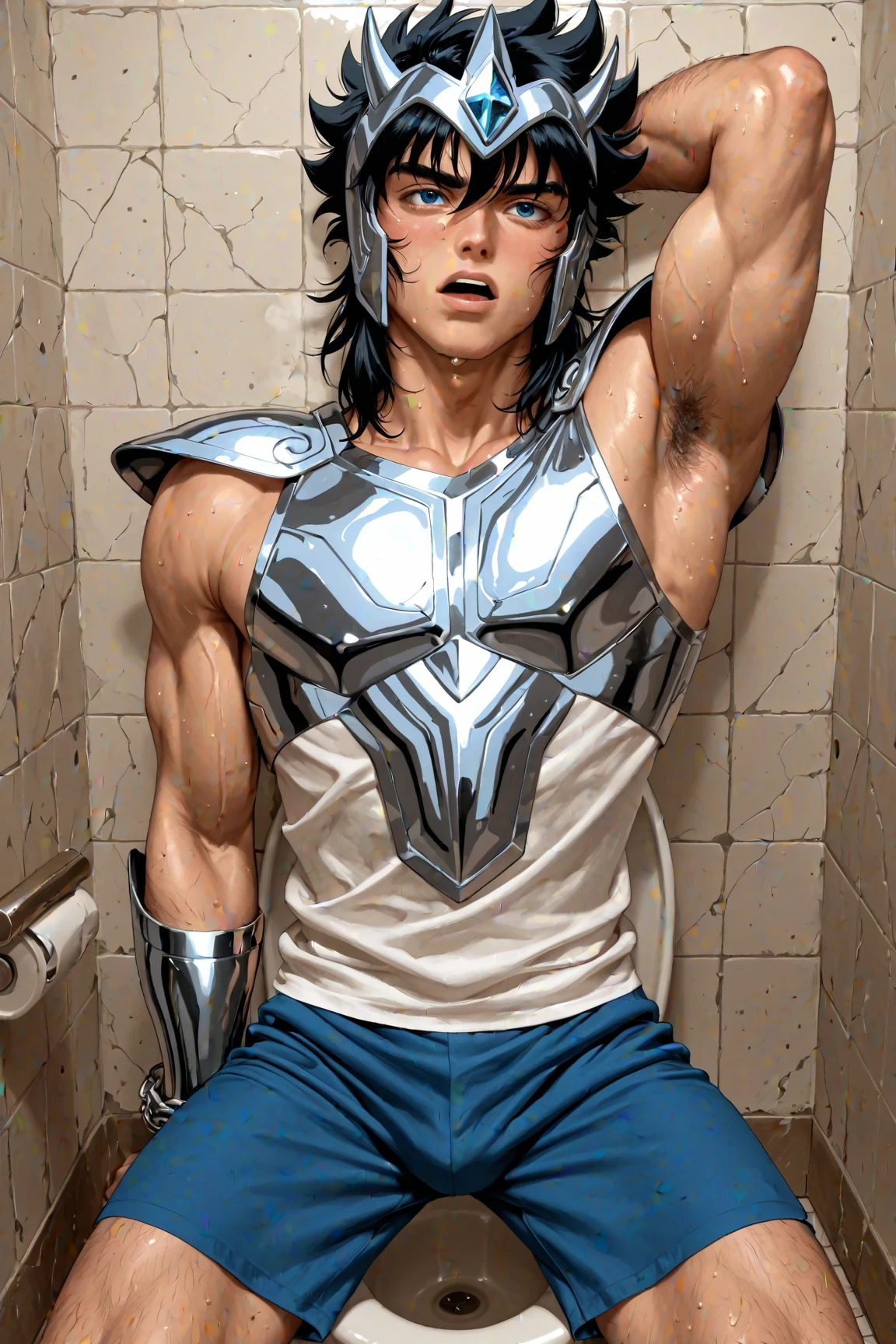 1 man, solo, 4k, 8k, ultraman taro pin up, photo realistic, bara, nude, naked body, slim body, human skin color, hairy body, head only ultraman taro with naked human body, small penis, shower room