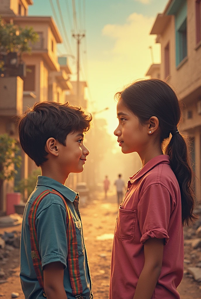 In a bustling city street, animated in vibrant colors, a boy and a girl accidentally bump into each other amidst the crowd. The scene captures the moment of their surprised yet intrigued expressions as they meet. The background is filled with a lively urban environment: tall buildings, colorful shop signs, and diverse people walking by. The street is adorned with glowing streetlights and the soft light of a setting sun casts a warm hue over the scene, creating a picturesque and slightly romantic atmosphere. Both the boy and the girl carry backpacks, suggesting they might be students or young travelers. Their clothing is casual and stylish, fitting for a youthful and energetic city vibe.

