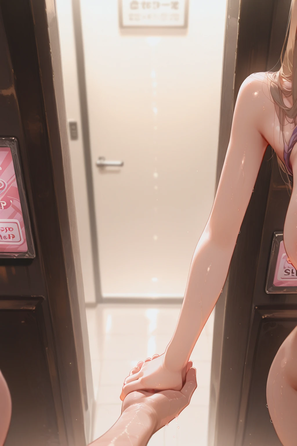 、(masterpiece、Highest quality)、Highest quality, Ultra-high resolution, (((masterpiece))), alone, Sweat、Big eyes, Composition from the front、Shortcuts、Embarrassed face、Bronze colored hair、Cut the back hair short、Bathroom、Shower scene、 Expose、Completely naked、pubic hair、belly button、Large areola、Nipples、short hair