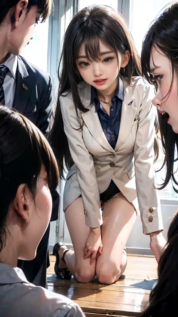 1girl,2guy,Group Sex、gang rape、A man is making a girl give him a blowjob:1.2、A girl and a guy are having sex in the doggy style position:1.4、On the floor of the office、(Realistic Face、Korean Idol、Japanese beautiful girl、Cute face、Ultra detailed face、Brown Hair)、LONG HAIR, Loose vertical curls、Complete Anatomy、Slimming、Slim figure、Beautiful breasts、Closed eyes、Semen overflowing from the mouth、Creampie、Saliva、Ecstasy、masterpiece, highest quality, Ultra high definition、Cinematic lighting、raw photo、Realistic photos、32k, 8K, full body,Composition from behind