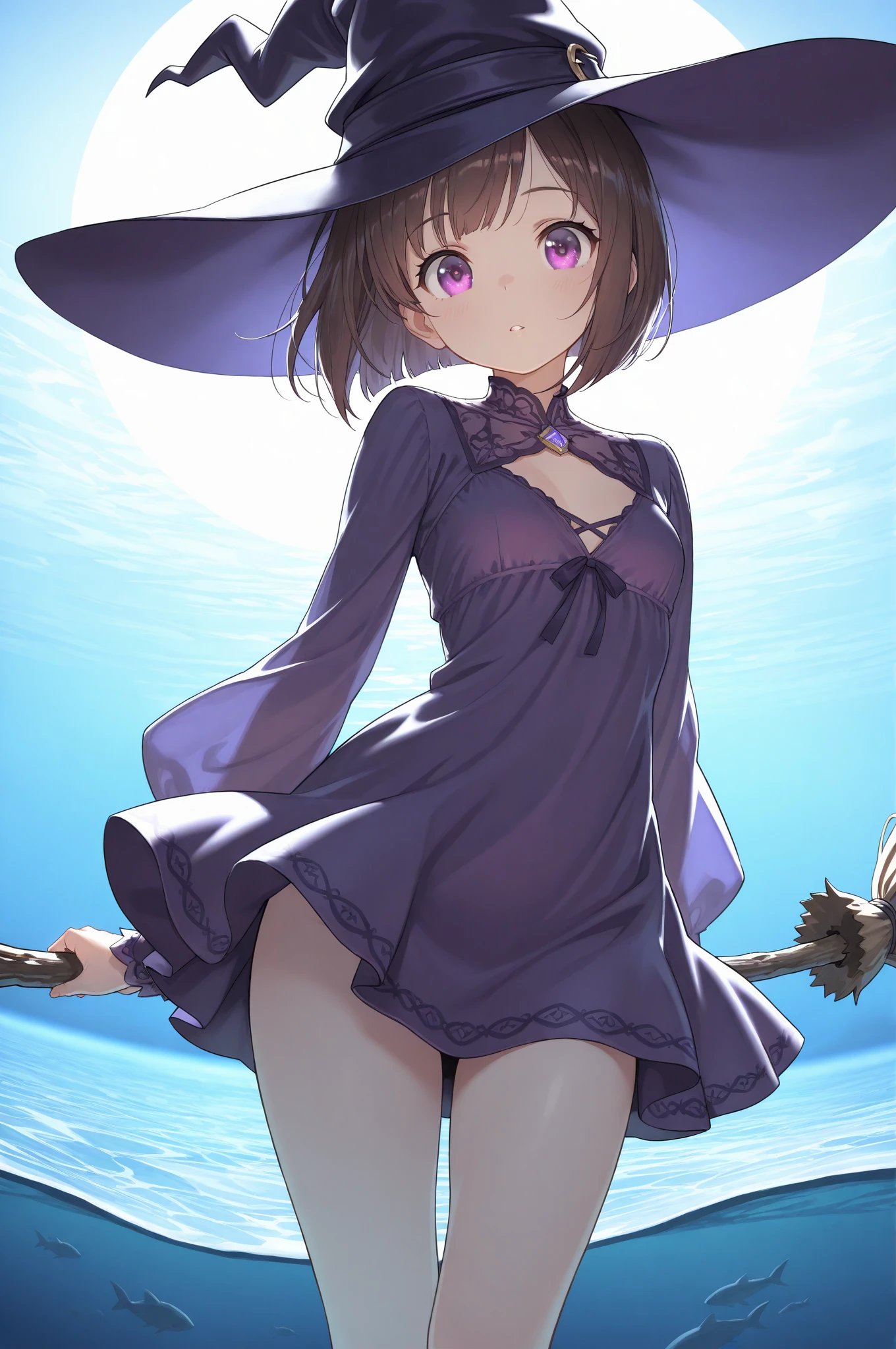 anime girl with red, medium-short hair, Brown eyes, blue dress and witch hat, make her a very mysterious and original dress, add accessories that allude to the power of the sea