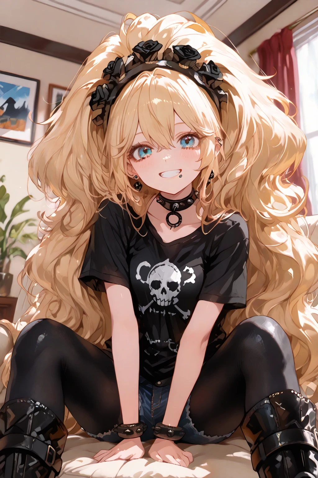 RAW Photos、Realistic、Highest quality、masterpiece、Bpink background. white, black, and gold streaked hair, hyper cute girl, red eyes. crouching, gothloli t-shirt, gothloli shorts, black boots, demon wings, demon tail, thorn halo, pink background, anime art style, detailed illustration, vibrant colors, soft lighting, focused gaze, edgy look, expressive face, unique style, eye-catching, modern fashion, detailed hair, realistic shading, 8k