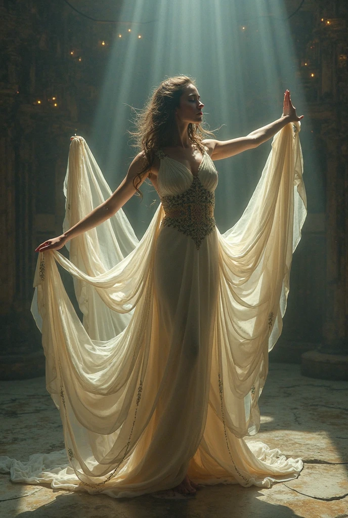 A color photo of a dance performance, beautiful angel face，realitic，set against a backdrop of a heavenly palace in the clouds, next to the Jade Pool. The dancer is wearing an elegant and flowing costume, with long trailing sleeves that resemble feathered wings. The dancer's movements are graceful and fluid, as if she is flying in the sky. The atmosphere is divine and serene. The photo utilizes specific camera settings, including a particular camera model, film type, and lens techniques. A collaboration of creative professionals from various fields will work together to uniquely capture the beauty and magic of the dance